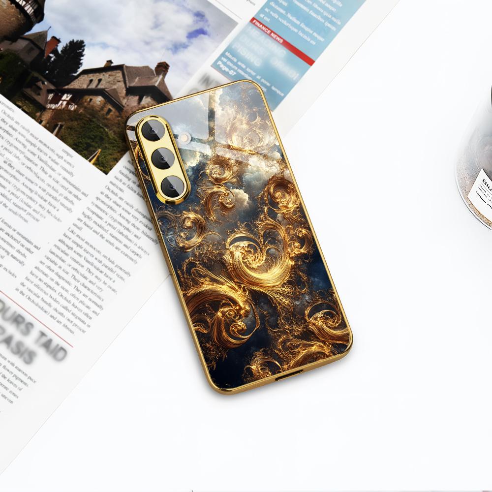 Позолоченный чехол для телефона из закаленного стекла, совместим с Galaxy S26, S25, S24, S23 и S22 Ultra Plus. Имеет золотой текстурированный дизайн