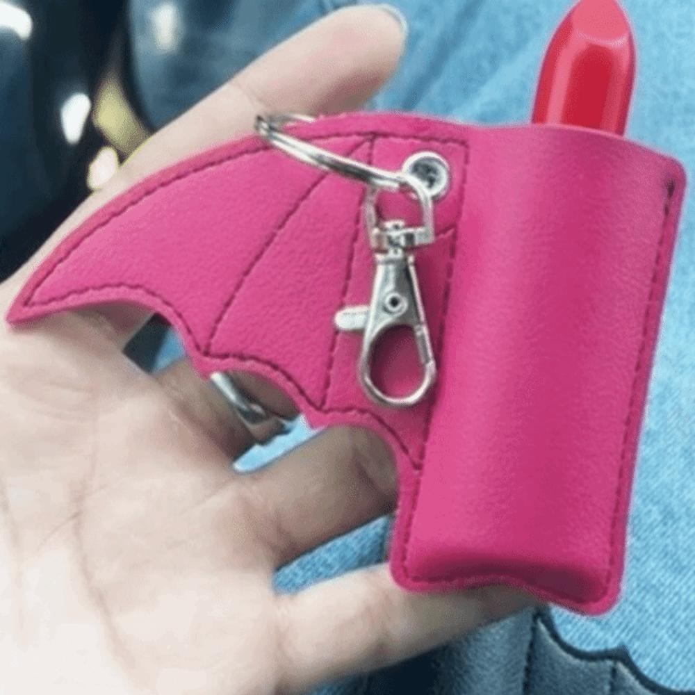 PU Leather Bat Pouch Keychain Black Wing Design Gothic Lipstick Holder Keychain Accessory Women