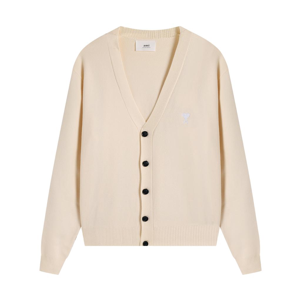 AMI Autumn and Winter New Little White Heart Alpaca Wool Blended Soft and Sticky Knitted Cardigan Round Neck Cloud Sweater Pocket Coat