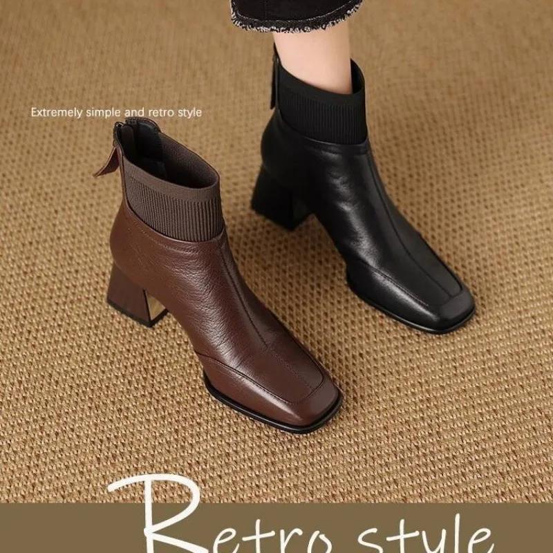 Женская обувь 2024 года, высококачественные женские ботильоны, модные, с молнией сзади, для офиса и карьеры, горячая распродажа, квадратный носок, однотонные туфли для женщин