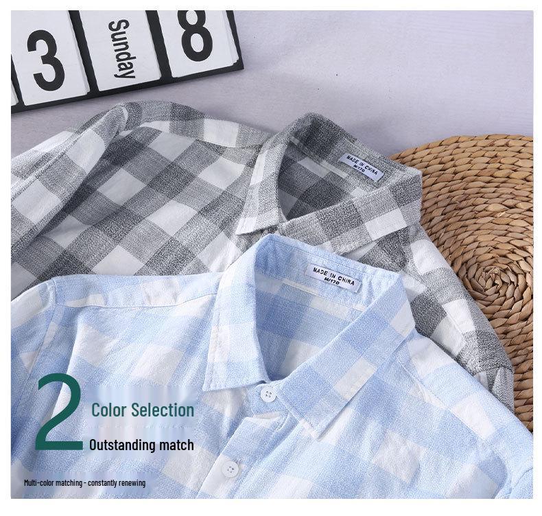 913 S/S Fresh Plaid Long Sleeve Shirt - Men's Casual Loose Fit Square Collar