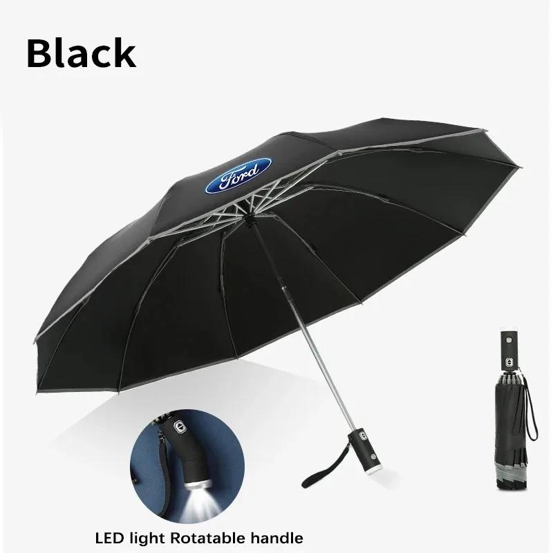 For Ford Mondeo Focus Raptor Puma Edge Explorer Ranger Fusion Kuga Car Led Light Automatic Folding Windproof Sunshade Umbrella APT1
