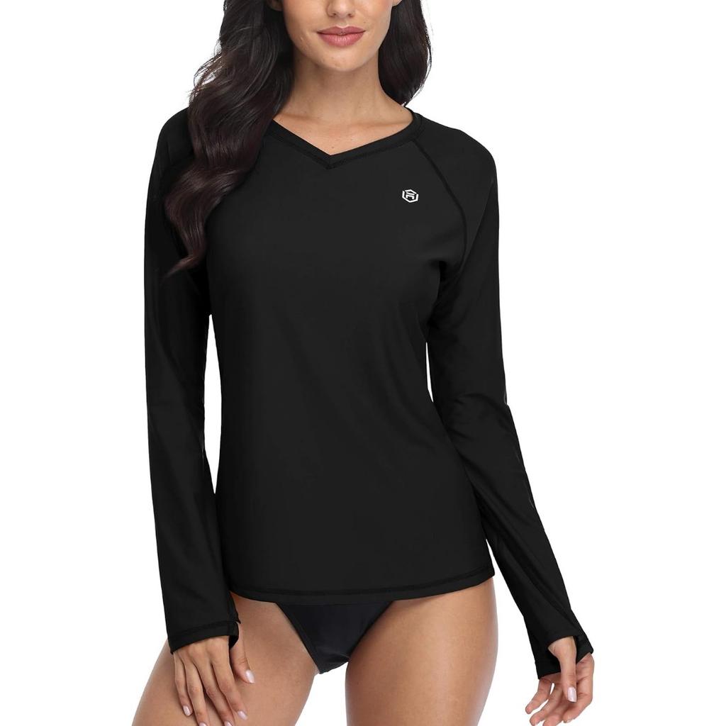 CHARMLEAKS Женская рубашка для плавания с защитой от опрокидывания, с длинным рукавом, защита от солнца, отверстие для большого пальца, UPF 50, V-образный вырез