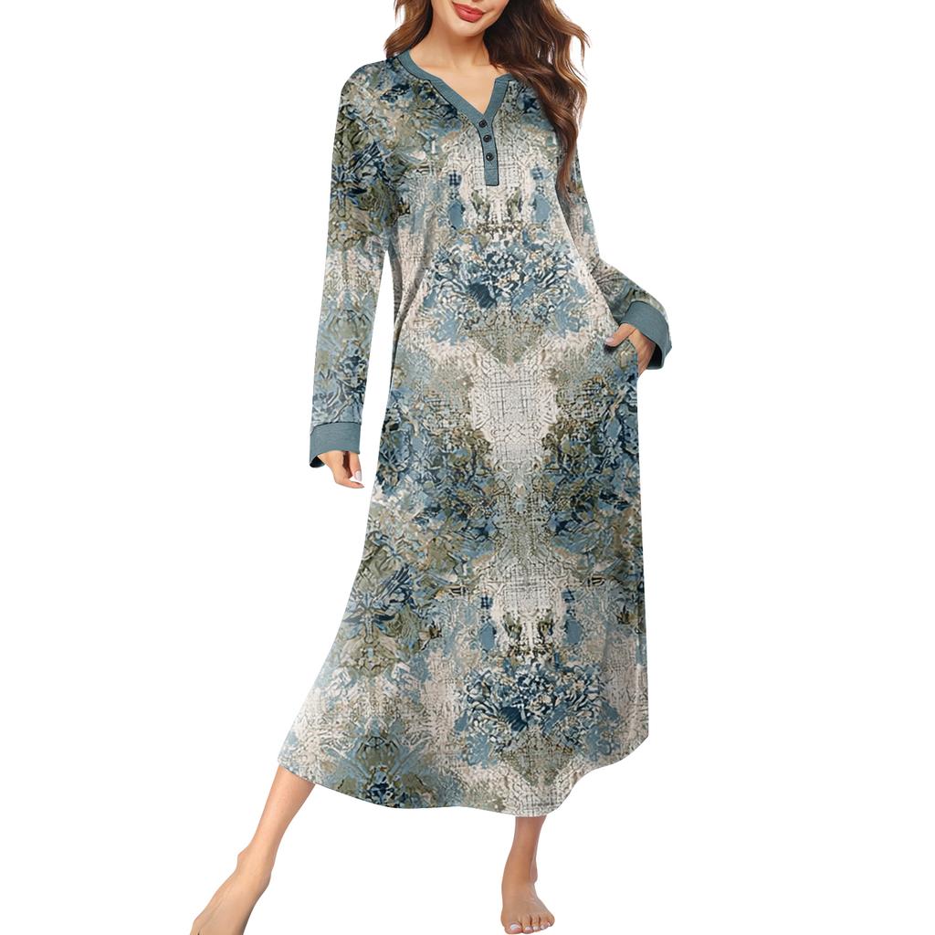 Женская ночная сорочка длинная домашняя одежда с V-образным вырезом и карманами