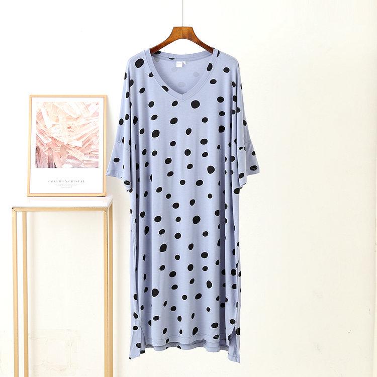 Modal Polka Dot V-Neck Nightdress - Women's Medium-Length, Loose Fit, Short Sleeve Home & Beach Dress