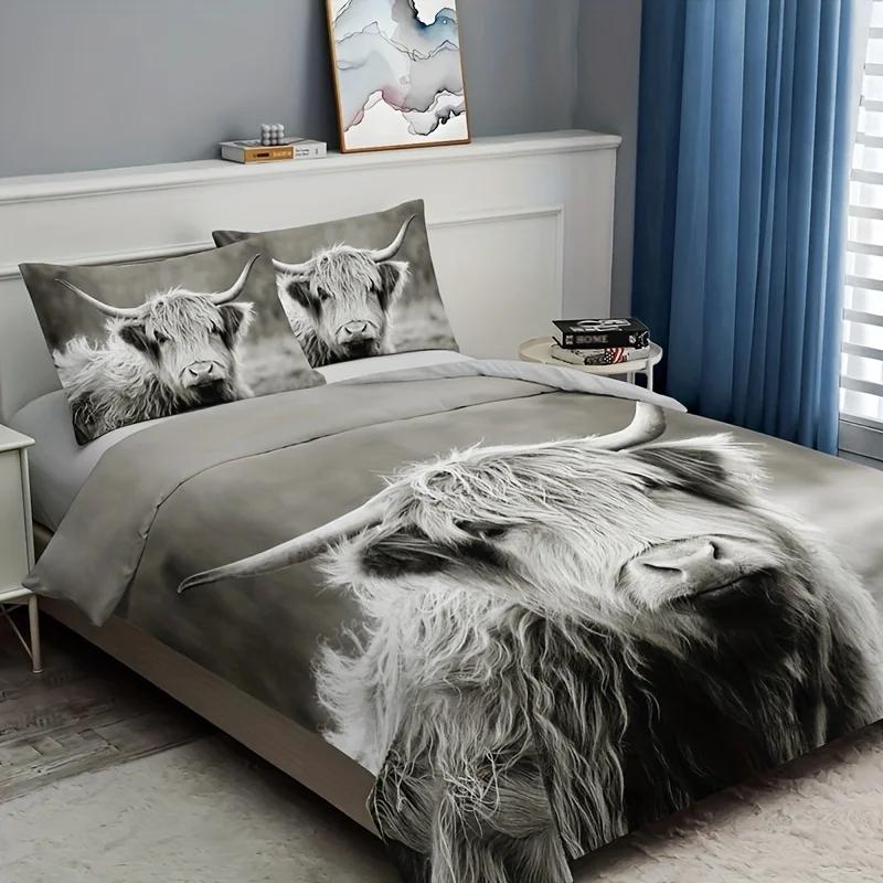 2/3PCS Highland Cow King Size Bedding Set Digital Print Duvet Cover with Pillowcase Fashion Field Style Home Decor for Bedroo