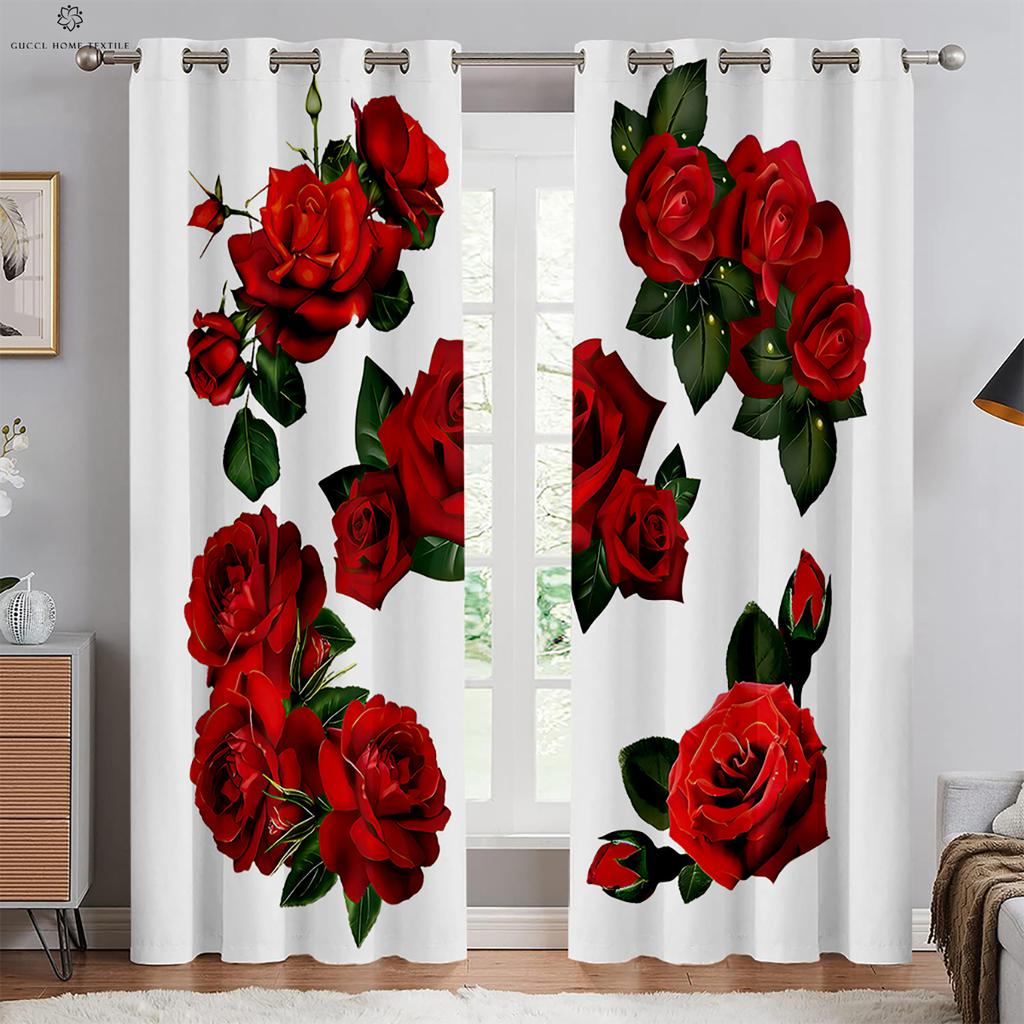 Romantic Rose Red Retro Print Curtain, Rod Pocket Curtain, Bedroom, Living Room, Kitchen, Outdoor Decorative, 2 Pieces
