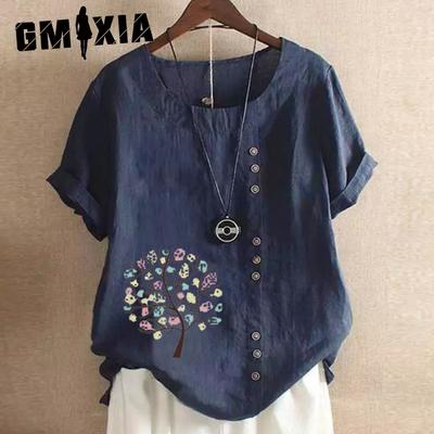 Женские модные повседневные летние однотонные блузки и рубашки с круглым вырезом и короткими рукавами с принтом