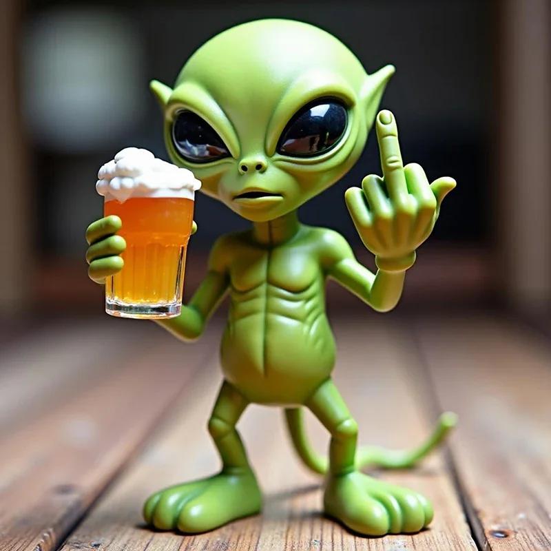 1Pc Funny Alien Statue Sculpture - Resin Beer Drinking Alien Resin Vivid Expression Waterproof For Garden Middle Finger Alien