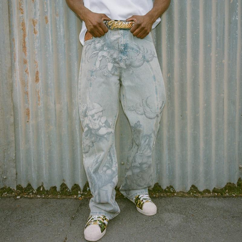 RogueWave Y2k Американские Штаны Хип-Хоп Уличная Одежда Унисекс Повседневные Y2k Ретро Широкие Джинсы Модные Джинсы Прямого Кроя с Рисунком Ангела Амура Мужские Женские