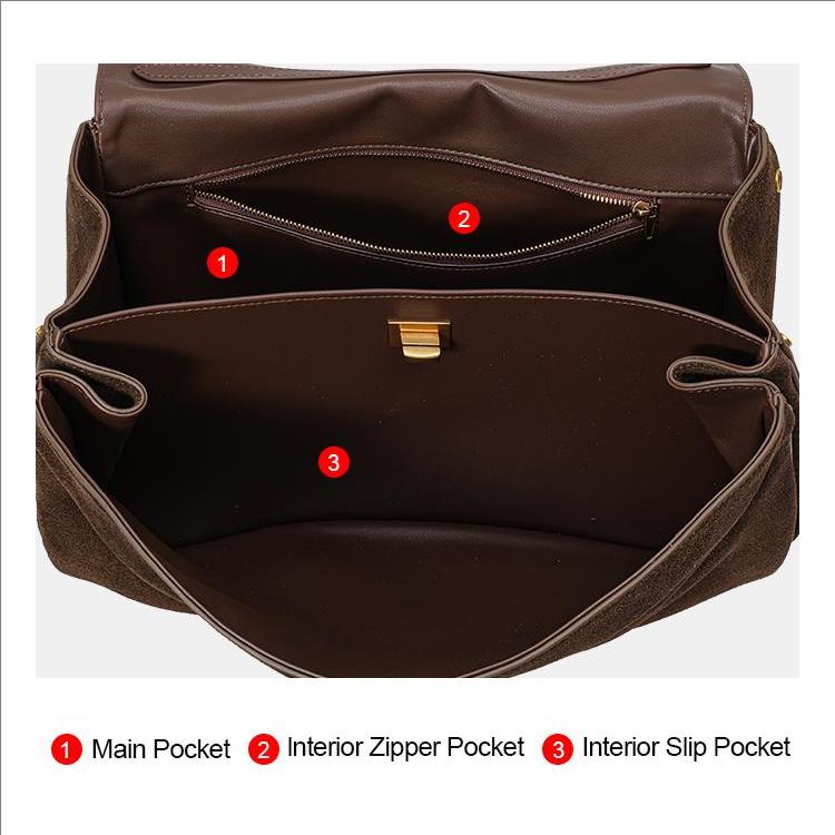 Women's Genuine Two-Layer Leather Shoulder Bag - Brown Suede Handbag with Gold Hardware, Classic Tote for Daily Use & Work