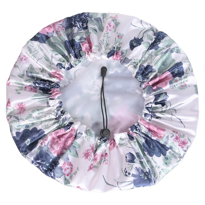 1pc Men and Women Double Layer Waterproof Shower Cap Floral Print Adjustable Double-Layer Elastic Hair Cap Bathing Accessory