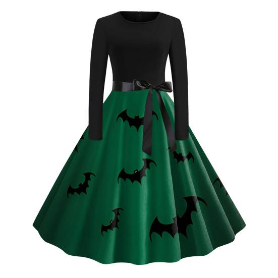 Женское платье на Хэллоуин 1950-х годов Ретро-трапеция с большими качелями и длинными рукавами Винтажное платье-качели с принтом летучей мыши и тыквы Коктейльный костюм для выпускного вечера