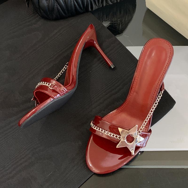 Elegant Round Open Toe Mules Thin High Heels Slippers Sandals Fashion Metal Chain Designer Slides Women Party Prom Shoes