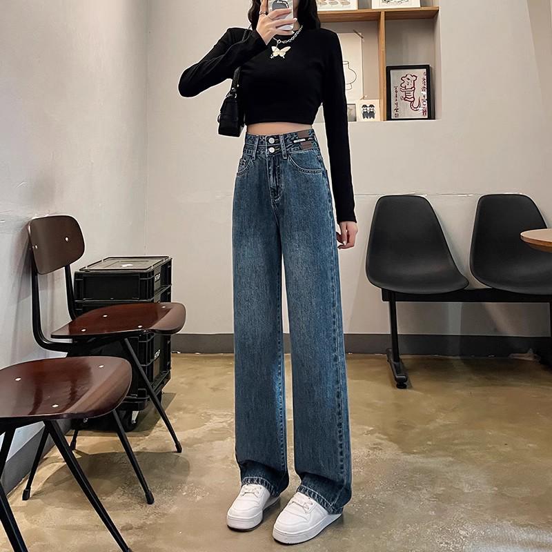 Женские джинсы с высокой талией в стиле ретро синего цвета с широкими штанинами на весну и осень 2024 года — облегающий крой для миниатюрных фигур