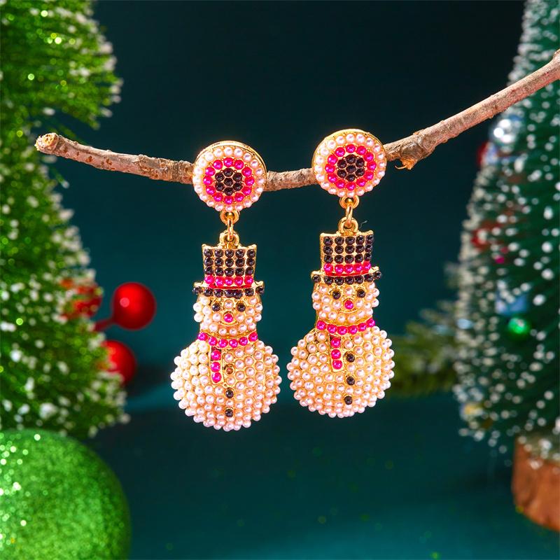 Christmas Full Rhinestone Imitation Pearl Snowman Drop Earrings for Women Enamel Candy House Dangle Earrings New Year Jewelry