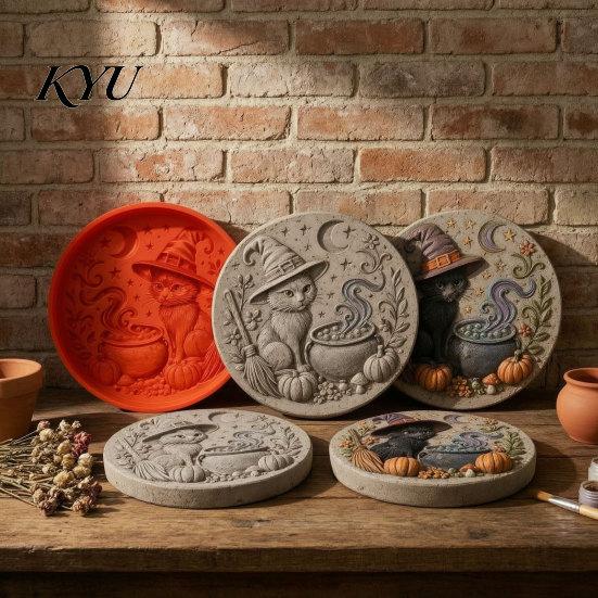 Concrete Stepping Stone Molds Silicone Mold for Halloween DIY Garden Pathway, Flexible Reusable Casting Cement, Sunflower Cat Pumpkin Art Decor Patio