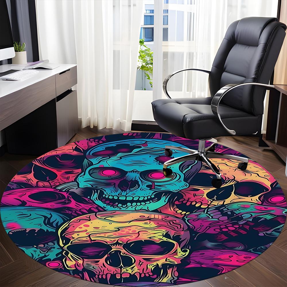 1PC Skull Vibrant Office Round Area Rug, Mat Suitable For Office, Under Office Chairs Bedroom Living Room Home Decor, Room Deco