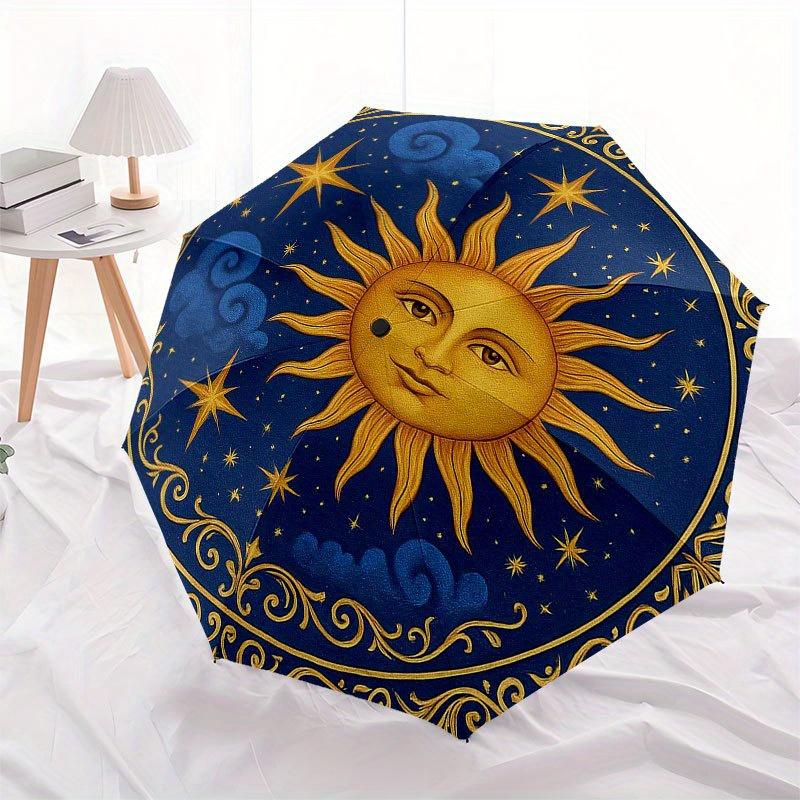 Golden Sun and Stars Circular Wall Art Decor Umbrella, Portable 3-Fold Compact Umbrella for Men & Women R133
