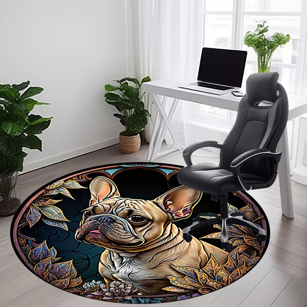 1PC Stained Glass Bulldog Office Round Area Rug,  Mat Suitable ForOffice, Under Office Chairs Bedroom Living Room Home Decor, Room Deco