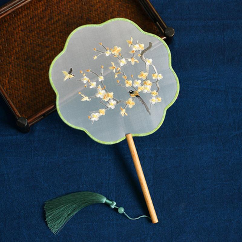 Circular Round Hand Fan, Chinese Traditional Art Embroidery, Classical, Ancient Costume, Han Fu Cheongsam with Long Handle