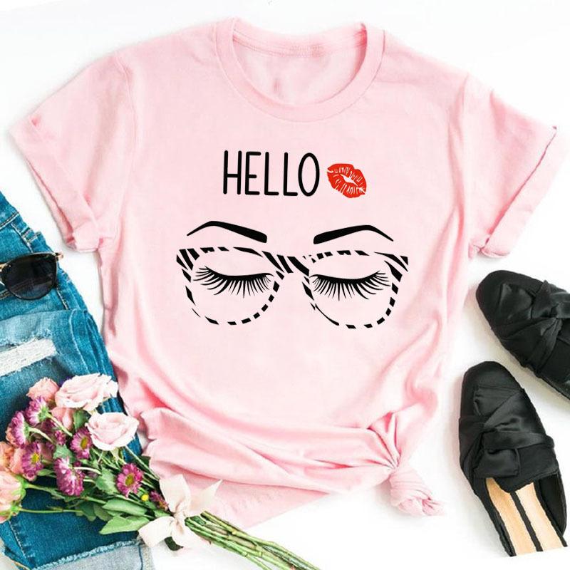 Women's Eyelash Print Loose Casual Simple Round Neck Pure Cotton Short Sleeved T-Shirts Lady Tees