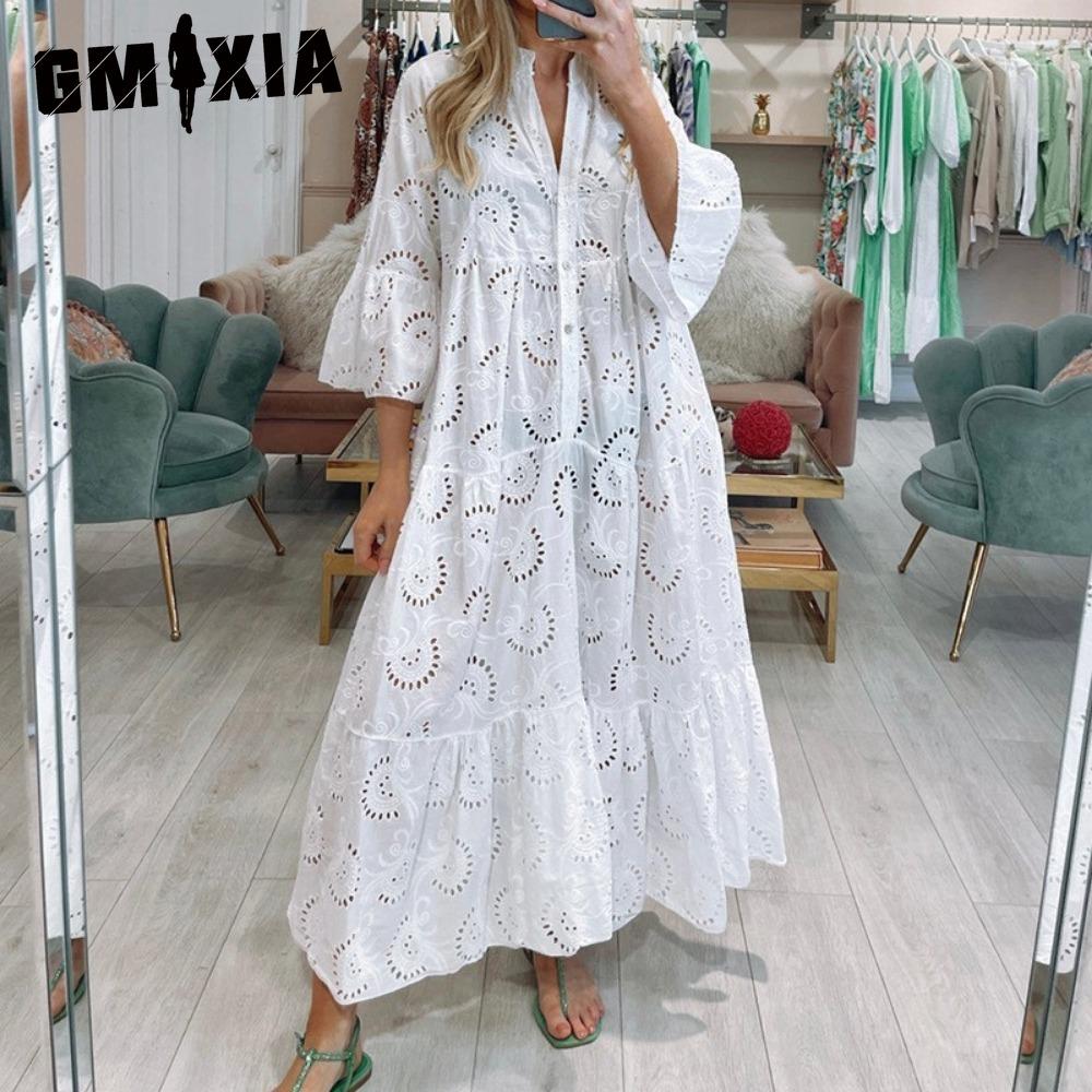 GMXIA 8 цветов S-5XL женские модные летние весенние однотонные повседневные платья с принтом и рукавом 3/4 с V-образным вырезом
