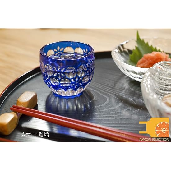 Oba Glass Sake Cup in Wooden Box [ Kaleidoscope / Lapis Lazuli & Amber / Approx. 6.0cm x Height 5.0c