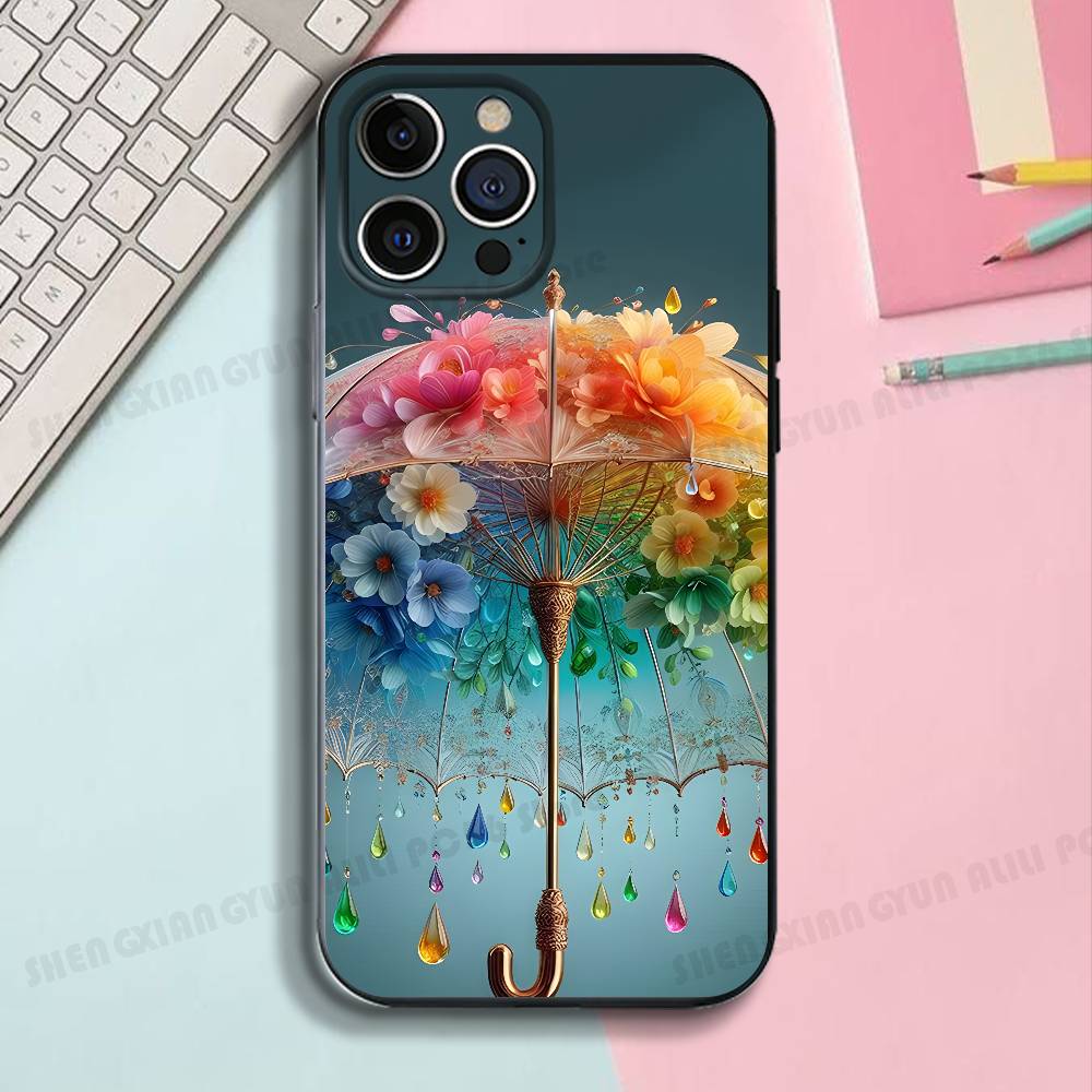 Rainbow Umbrella Silicone Soft Phone Case For IPhone17,16,15,14,13,12,11 Pro Max Plus mini XS XR SE Cover