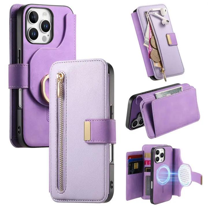 Phone Case For iPhone 17 17E 16E 16 15 14 13 12 11 Pro Max Xs Xr 7 8 Plus SE 2025 2In1 Detachable Leather Zipper Wallet Cover