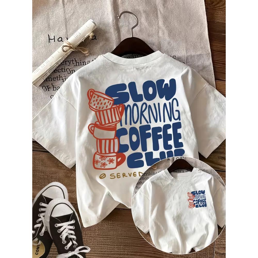 Slow Morning Coffee Club Print Tshirt Stacked Coffee Cups Graphic Short Sleeve Round Neck Casual Tops Unisex Daily Streetwear