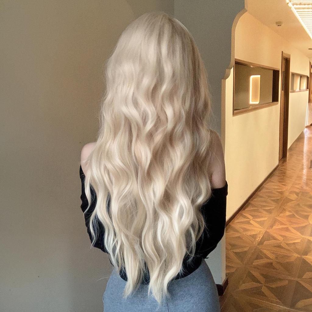Synthetic Ombre Blonde Platinum Wigs Long Wavy Wig for Women with Bangs Party Daily Heat Resistant Fibre Hair Wigs