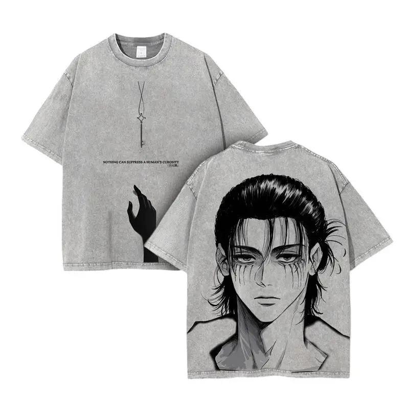 Manga Attack on Titan Eren Jager Graphic T-shirt Vintage Washed Oversized T Shirt Men Clothing Casual Polyester Short Sleeve Tees