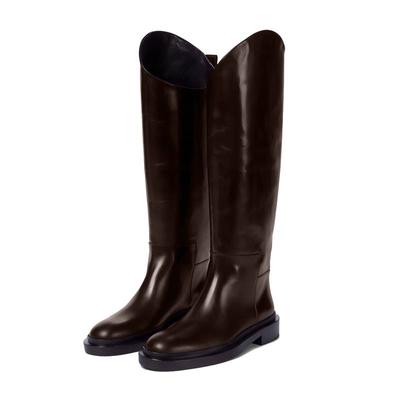 Осенне-зимняя обувь из коровьей кожи, сапоги для верховой езды, круглый носок, сохраняют тепло, металлические украшения, высокие каблуки, сапоги до бедра