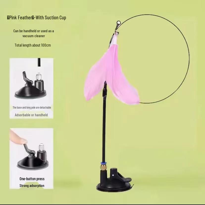 Cat Wand Teaser with Strong Suction Cup, Colorful Feathers, Steel Wire, Long Rod, Durable Design, and Bell for Self-Play