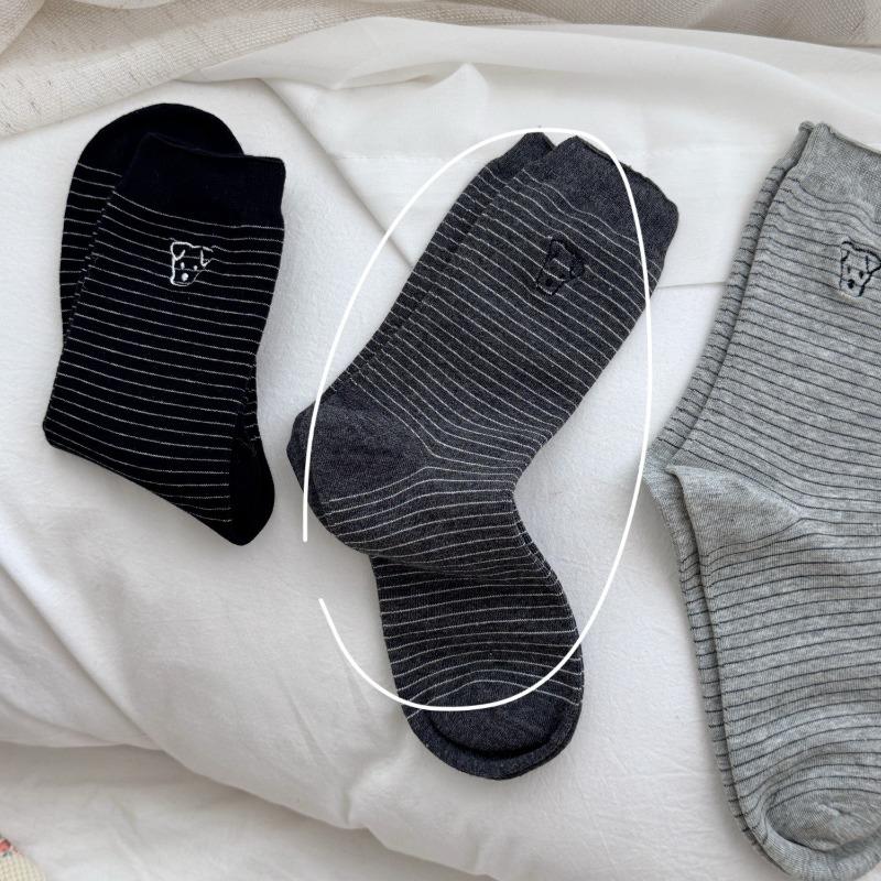 Женские полосатые носки с вышивкой маленькой собачки, всесезонные универсальные носки до середины икры в школьном стиле