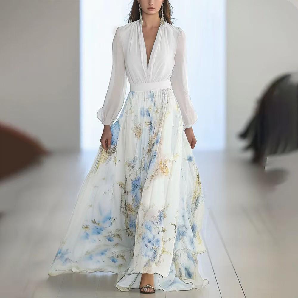 Euro Female Long Sleeve V Neck Spliced Print Chiffon Maxi Dress For Casual Streetwear