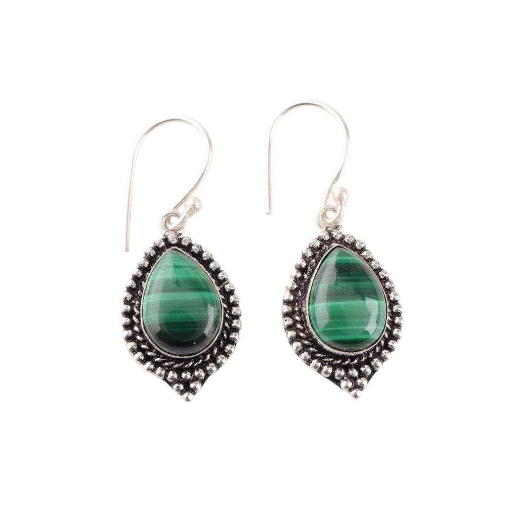 Malachite Gemstone 925 Sterling Silver Handmade Jewelry Earrings 1.6" For Her EE-164-25