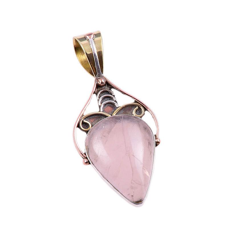 Natural Rose Quartz 925 Solid Sterling Silver Jewelry TwoTone Pendant 1.75" E7A98