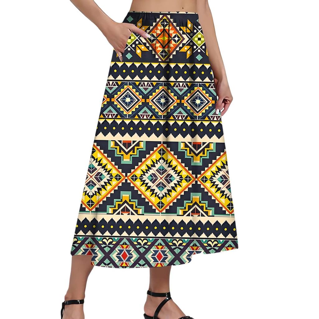 Ladies Casual Fashion Printed Skirt Elasticated Loose Pocket Pleated Half-body Skirt (With Side Pocket)