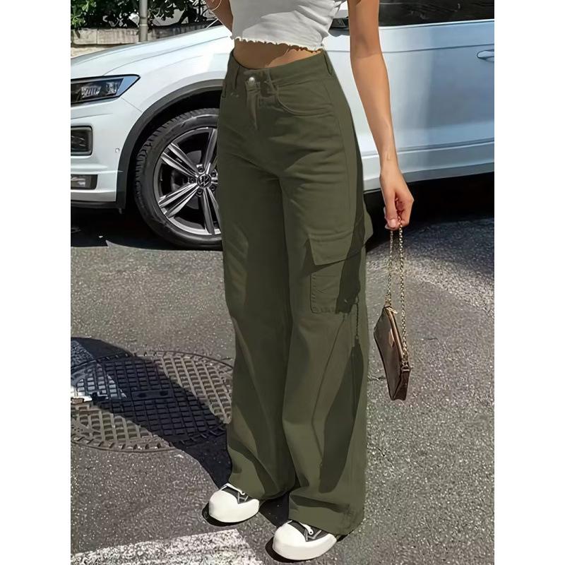 Весенняя мода Прямые джинсы Повседневные С высокой талией Инс Уличные Карманы Рабочая одежда Свободные брюки