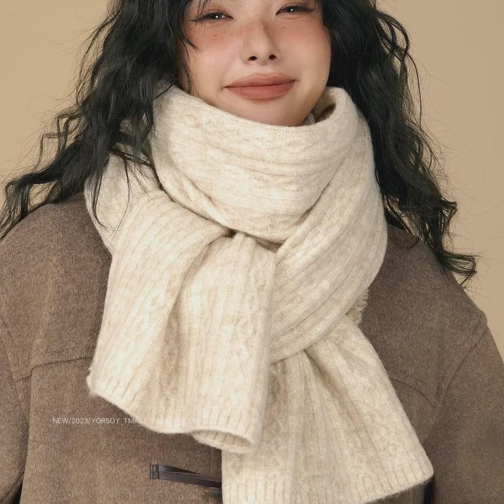 Теплый ретро-белый вязаный шерстяной шарф: Мягкий клейкий рисовый дизайн для женщин и мужчин