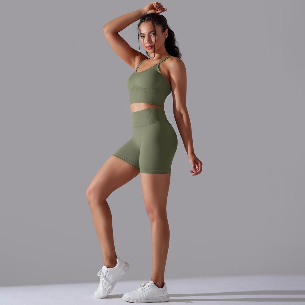 Бесшовный вязаный однотонный спортивный костюм с высокой эластичностью на спине для йоги и бега, комплект из двух предметов