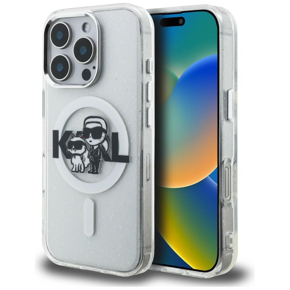 Karl Lagerfeld IML Glitter Karl & Choupette Sketch Logo MagSafe case for iPhone 16 Pro transparent