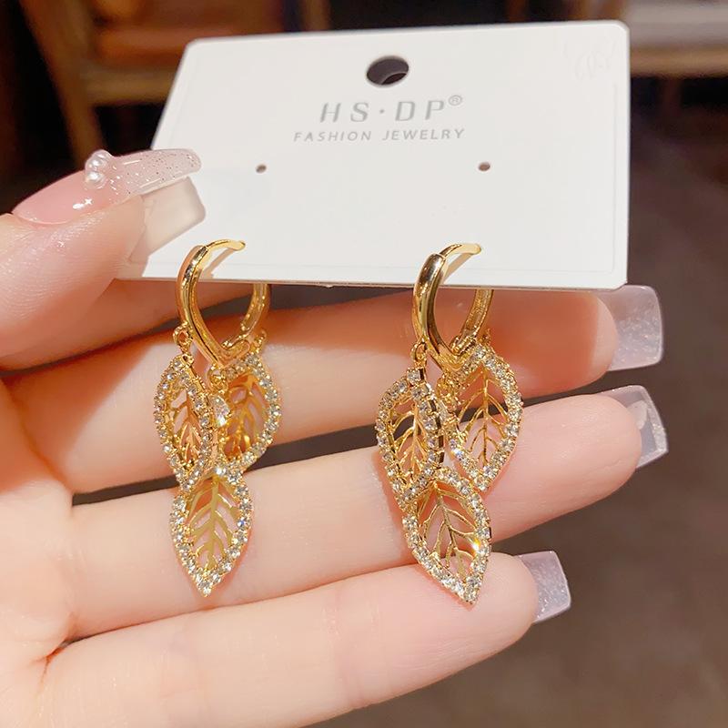 Zircon Leaf Tassel Korean Trendy Drop Earrings For Women New Fashion Earring Jewelry Party Accessories