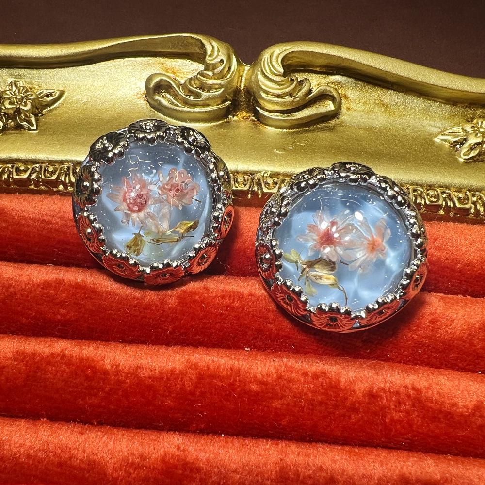 Серьги из 18-каратного янтаря с сушеными цветами, элегантные французские, из S925 пробы - изысканный универсальный горячий стиль