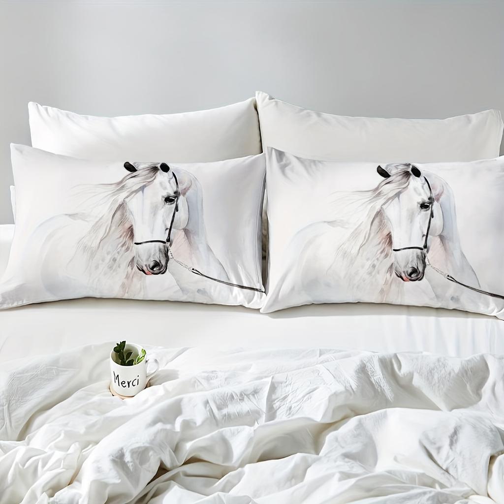 Набор пододеяльника с рисунком белых лошадей из 2/3 предметов - Мягкое дышащее постельное белье для спален и гостей - Принт высокой четкости, 1 пододеяльник + 1/2 наволочки