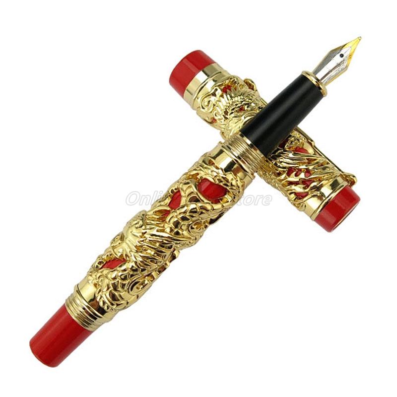 Jinhao Винтажная Металлическая Резьба Тиснение Дракон и Феникс Средний Наконечник Тяжелая Перьевая Ручка Благородная Офисная Школьная