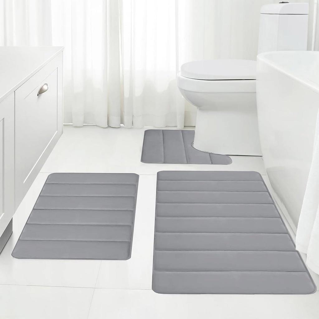 Memory Foam Bathroom Rug Set 3 Piece, Non Extra Soft Absorbent Bath Mats, Machine Washable & Dry Toilet Mat Sets For Bathroom Floor