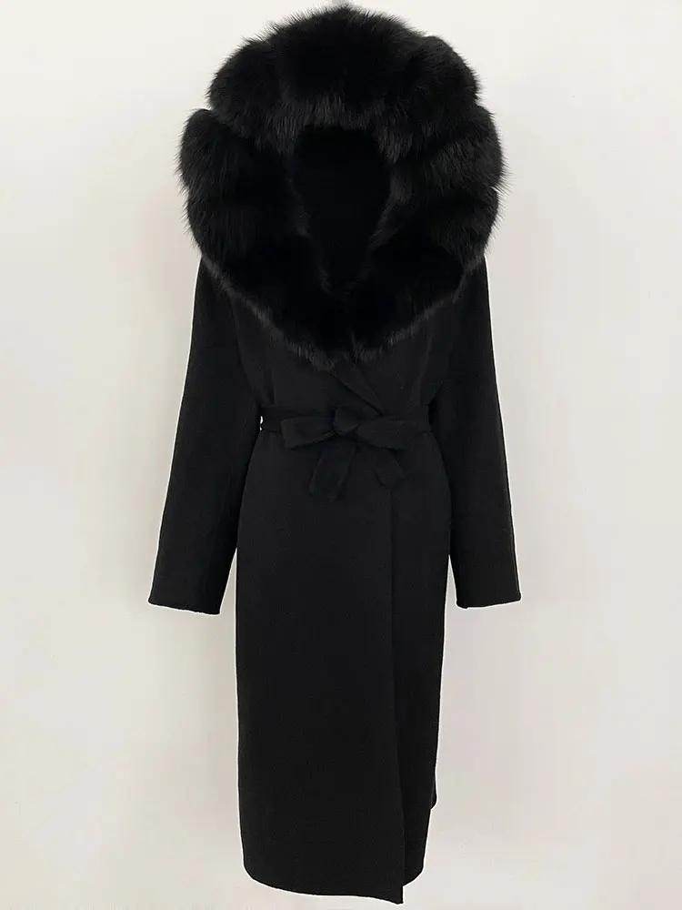 OFTBUY Зимнее женское пальто из натурального лисьего меха с капюшоном и съемным воротником Двусторонняя шерстяная куртка Длинная повседневная элегантная верхняя одежда